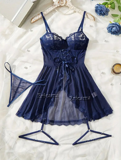 LUSTRA Sheer Lace Bra, Panty & Garter Set