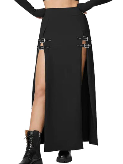 Women's Black Punk Skirts High Waist Buckle Slit Goth Club Rave Skirt