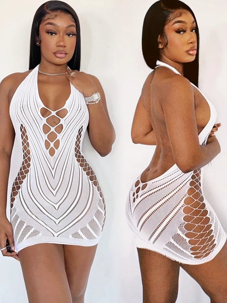 VELARIA//LACE NIGHT Mini Dress – Transparent Backless Halter Clubwear