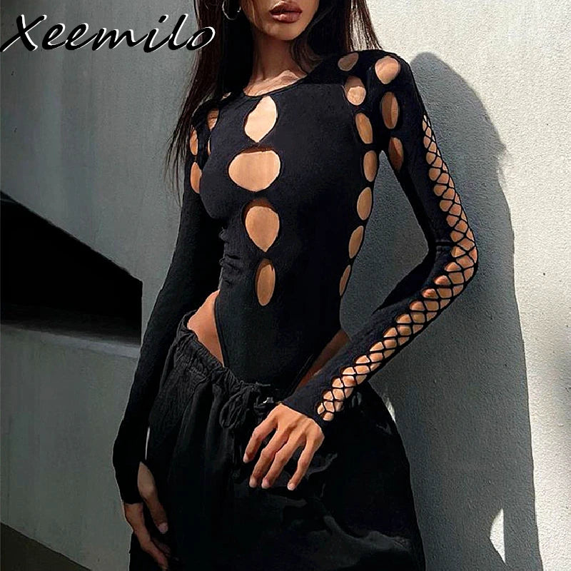 Synth Vortex – Hollow Dot Mesh Gothic Bodysuit