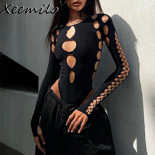 Synth Vortex – Hollow Dot Mesh Gothic Bodysuit