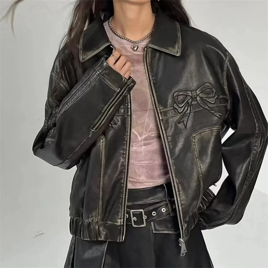 Cyberdelika Vintage PU Bow-Collar Jacket