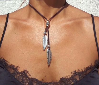 Whisper Feather – Boho Leather & Silver Necklace