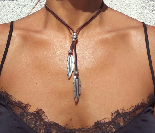 Whisper Feather – Boho Leather & Silver Necklace