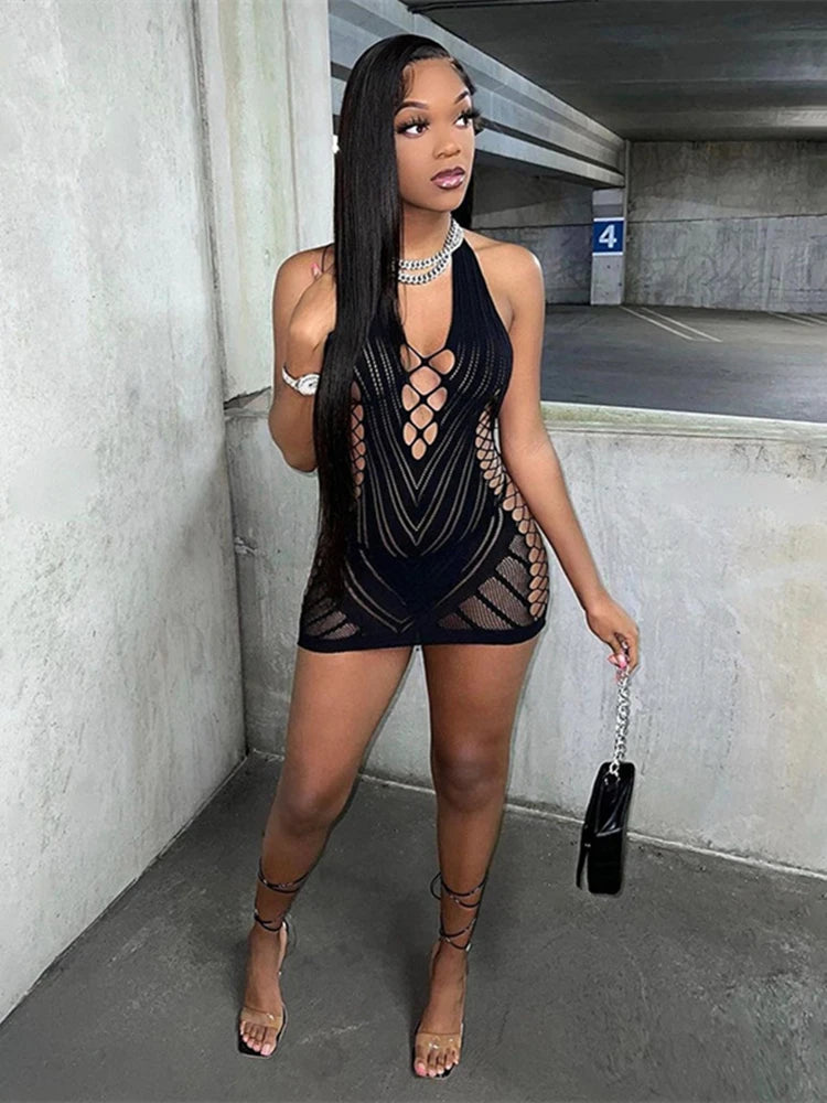 VELARIA//LACE NIGHT Mini Dress – Transparent Backless Halter Clubwear