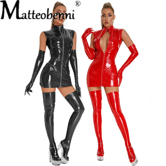 OBSIDIAN//VX Latex Punk Dress Set – Gothic Clubwear with Gloves & Stockings